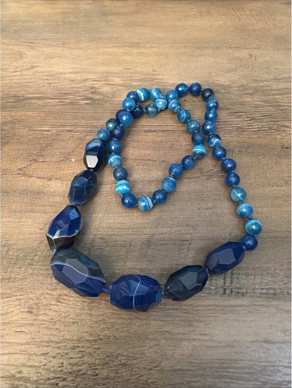 Blue Banded Agate Beaded Necklace Faceted Graduated Gemstone Necklace 925 28”